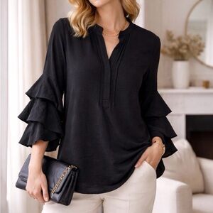 Vince Camuto Black Ruffle Sleeve Popover Blouse Top Womens Size 2X Office Date